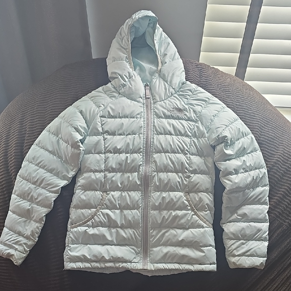 The North Face Light Blue Puffer Jacket with Hood Girls 10/12